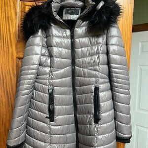 Women's Charcoal Puffer Coat with Black Faux Fur Hood